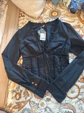 Free People Black Lace-Trim V-Neck Blouse